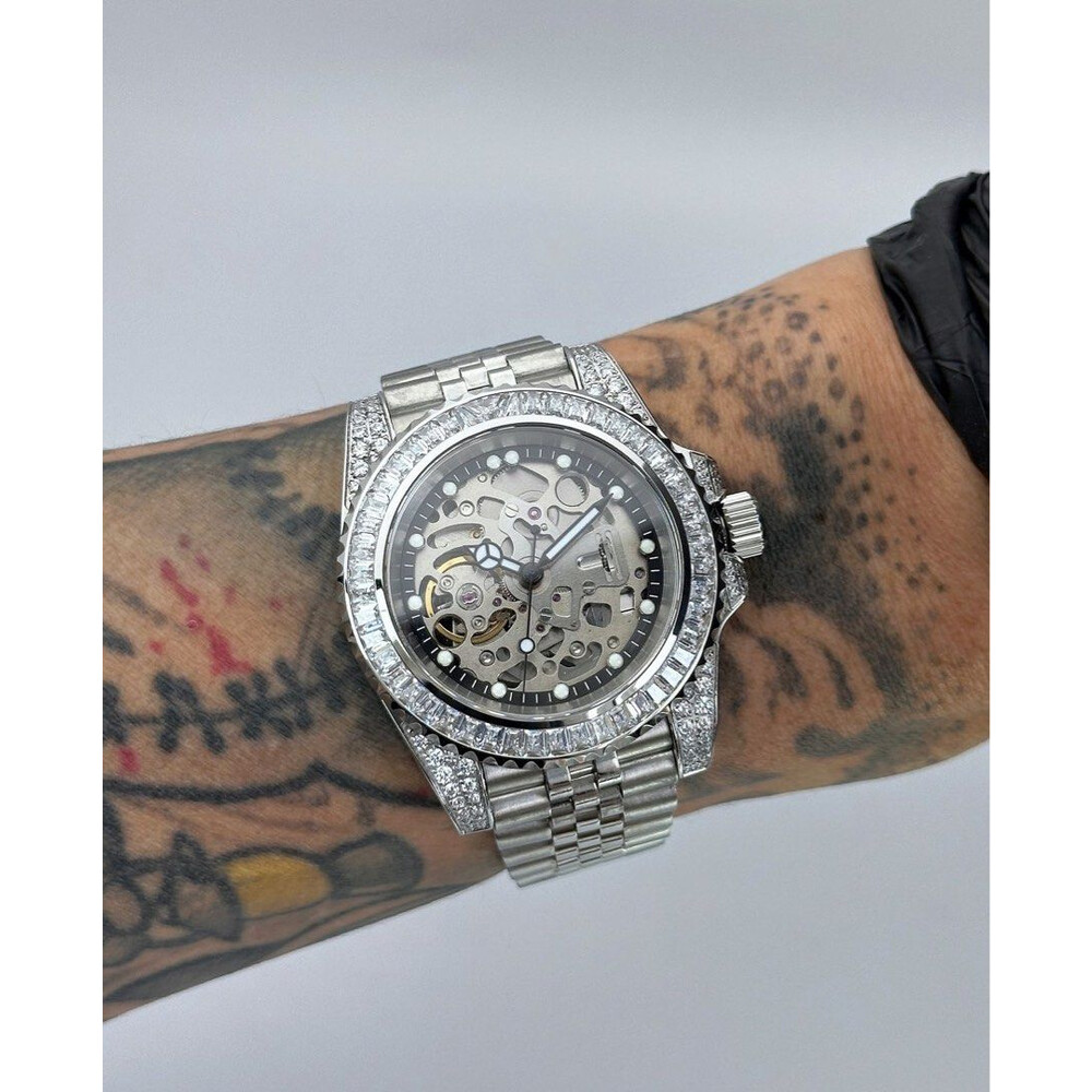 Custom Seiko Mod • Silver Skeleton Full Diamond Yachtmaster w/ Double Endlink Jubilee Bracelet • 40mm